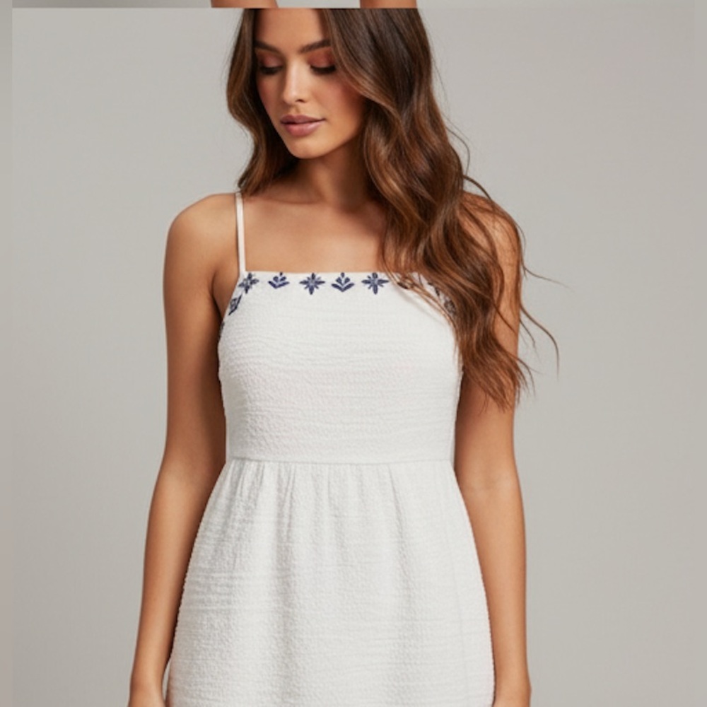 Boho Floral Embroidered Edge Criss Cross Back Dress White - Picture 2 of 8